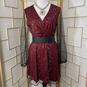 SHEIN Burgundy Dress with Sheer Black Sleeves
